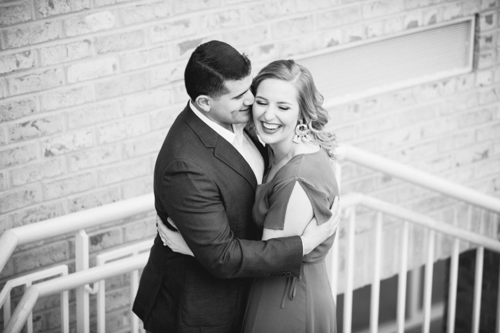 Black and white of engaged couple at Fernbank Museum in Atlanta