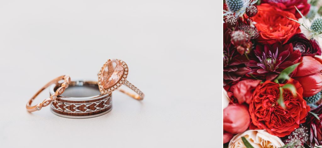 Close up of rings and florals wedding