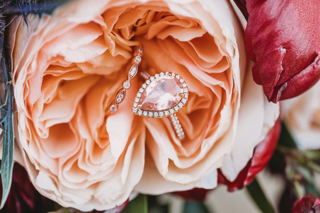 Close up of bouquet and wedding rings